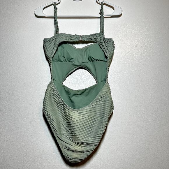 Bikini Lab One-Piece Swimsuit Front Cut Out Ruched Stripes Adjustable Green M - Picture 7 of 7